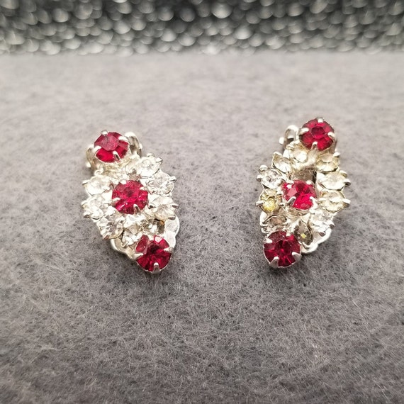 Stunning Red and Clear Rhinestones Clip-On Earrin… - image 1