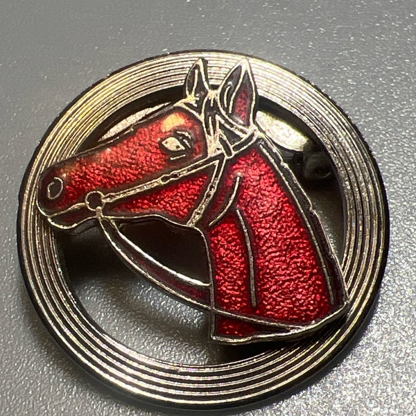 Vintage Silvertone and Red Enamel Horse Pin Brooch  (A1001gr)