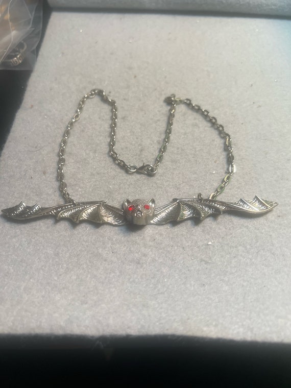 Vintage Silvertone red Rhinestone Eyed Bat Necklac