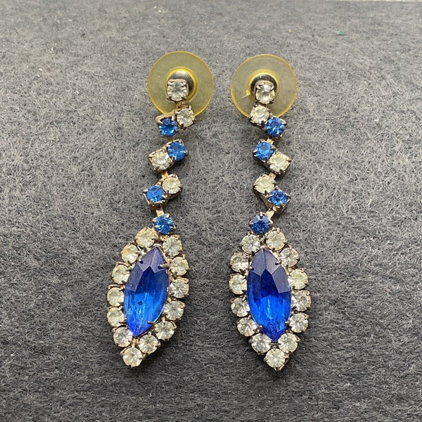 Blue Almond Shape Rhinestones Silver Tone Dangle Earrings (7097)