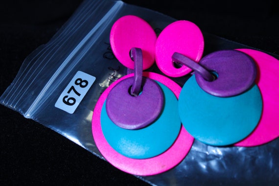 Vinage 80's Pink, Teal and Purple Wood Earrings (… - image 4