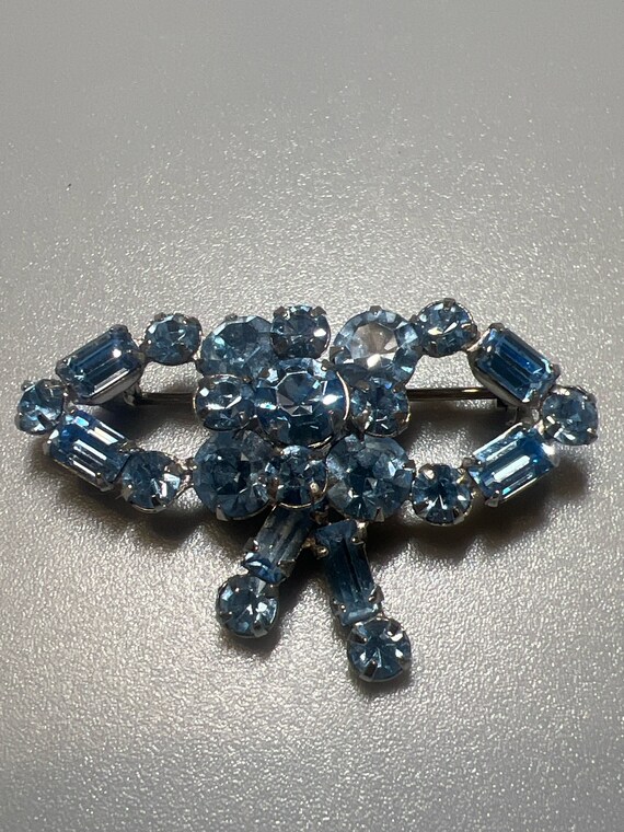 Vintage Silvertone with Blue Rhinestones Bow Pin … - image 1