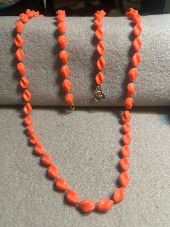 Vintage Coral Colored Plastic Beaded Necklace sig… - image 1