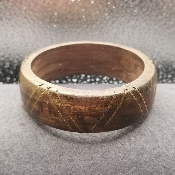 Wooden Bangle Bracelet with Gold Tone Line Design… - image 1