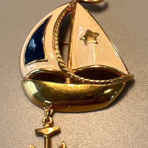 Vintage Goldtone and Red White and Blue Enamel Sail Boat with Dangling Anchor Pin Brooch  (A1085gr)