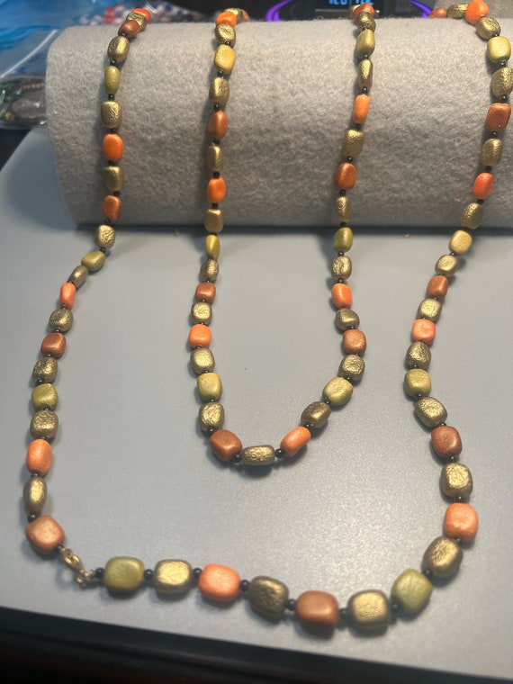 Vintage Olive Green and Orange Beaded Necklace (A9