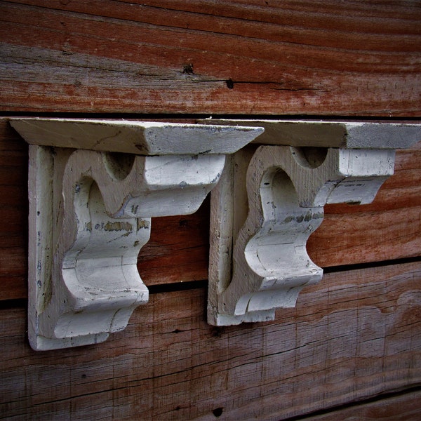 PAIR of Small Antique style Corbel Wooden shelf, Distressed white wooden shelf brace wall scone, Cream colored Corbel FarmhouseFurnitureTX
