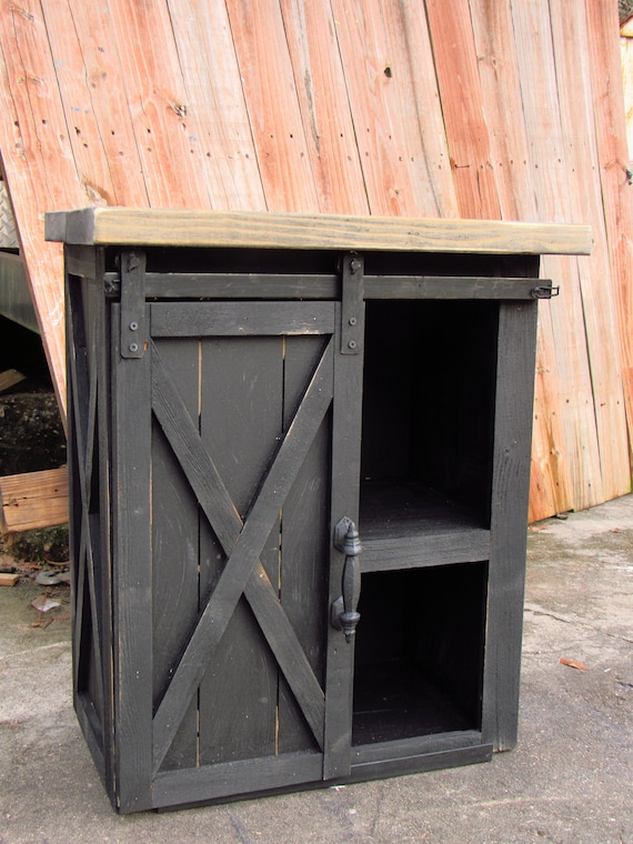 Farmhouse Night stand WITH BARN DOOR Distressed nightstand with X door and side