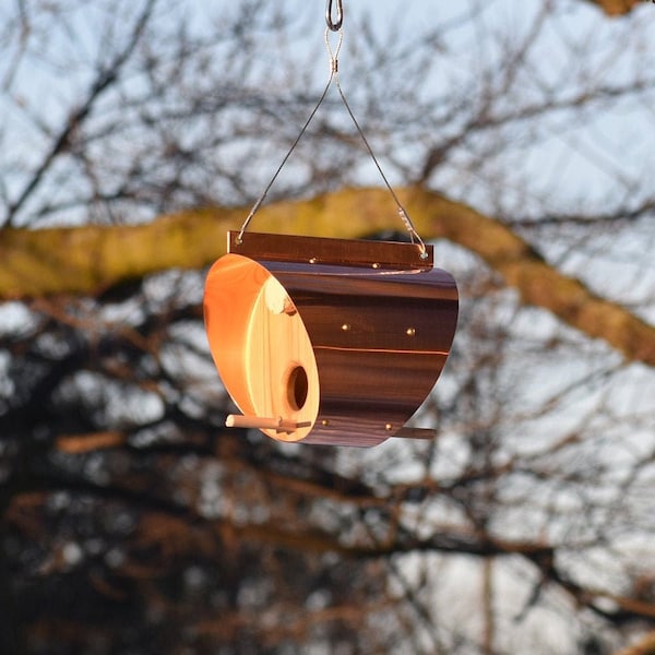 Copper Bird Feeder - Barrel shape / Great Patio Hanging Decor or Fall Porch Decor / Housewarming Gift for garden / Bird Lover Gift