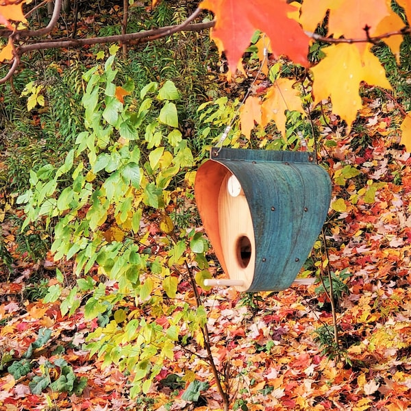 Copper Bird Feeder / Oxidized Copper and Cedar - The Bonnet / Fall Porch Hanging Decor / Housewarming Gift or Bird Lover Gift / Birdhouse