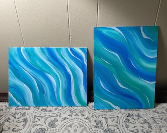 Set of 2 Abstract Ocean Paintings – Teal Blue Coastal Wall Art – Matching Acrylic Paintings on Canvas Board