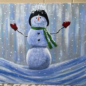 Cheerful Snowman Acrylic Painting – 16x12 Canvas Board Winter Wall Art