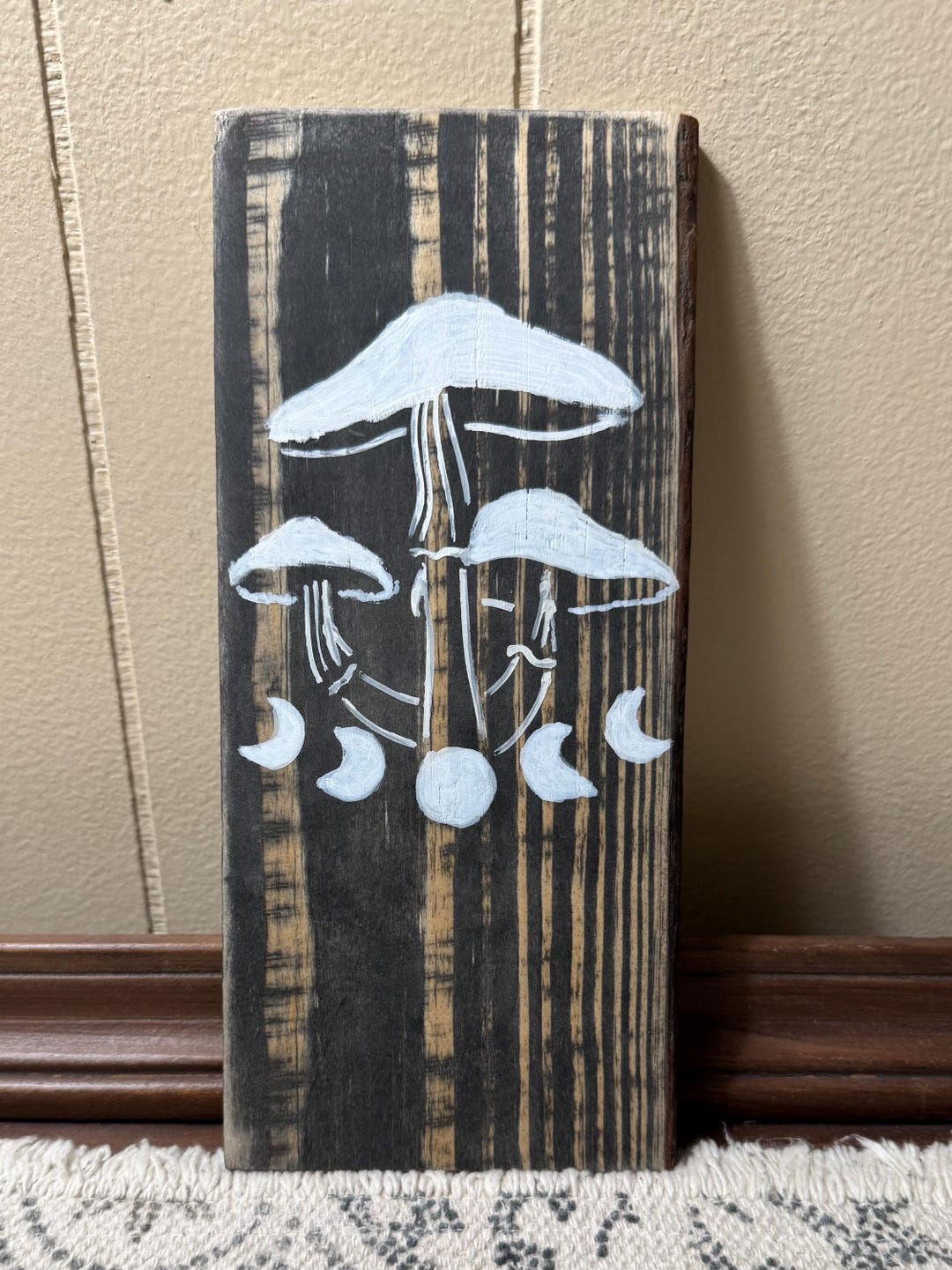 Trippy Hand-painted Mushroom & Moon Phases Wood Wall Art – Boho Forest ...