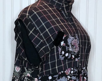 Womens black white pink plaid upcycled XXL tunic shirt cotton shirt black gray pink flower skirted two breast pockets banded sleeve