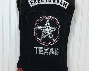Women’s black denim duster vest red sari silk skirted Texas bling back free  to roam upcycled rodeo vest
