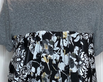 Upcycled Plus Size Tunic Top: Gray & Black Print with Pockets