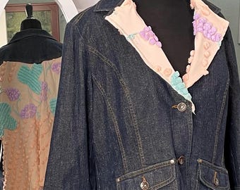 Women’s plus size denim jacket wine theme peach vintage chenille kimono sleeve