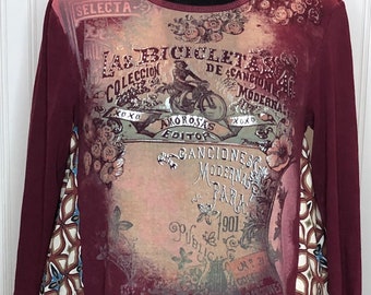 Womens tunic dress burgundy wine bling French bike themed graphic print upcycled plaid hanky hem size XL pockets