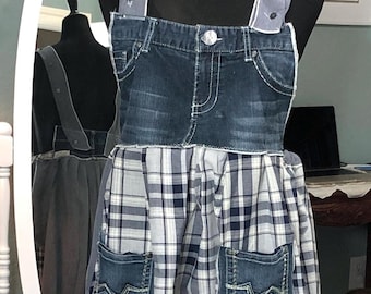 Upcycled Denim Dungaree Dress: blue check plaid Pocket dress, Plus Size