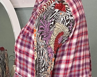 women’s upcycled purple plaid shirt tunic cotton flannel pleated shirt rodeo  bleach fade upcycled polyester crinkle flared sleeves