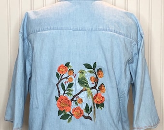 Embroidered Denim Shirt: Upcycled Chinoiserie Bird & Flower - Women's Large