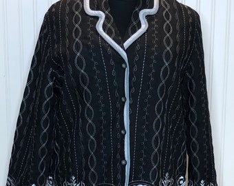 Embroidered Black Duster Jacket: Upcycled Silver Flowered Tulle Skirt