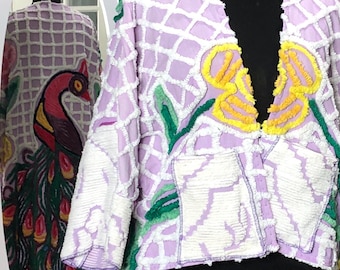 Womens Vintage peacock chenille kimono Long jacket purple white upcycled handmade plus size long back jacket