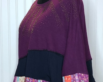 Womens tunic dress burgundy blue bling Patchwork flare tee cotton patchwork print upcycled tee  size L to XL pockets embroidery