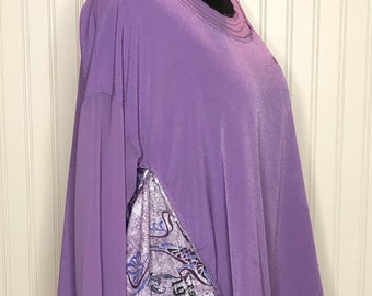 Upcycled Purple Tunic: Abstract Print, Sheer Sleeves, Hanky Hem - XL