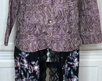 Wine women’s jacket upcycled jacket wine burgundy flower embossed silk jacket light weight long jacket embroidered black tulle skirt duster