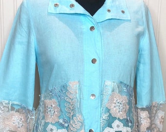 Upcycled Aqua Linen Duster Jacket: Vintage Lace Peplum, Cutwork Skirt