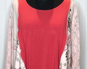 Womens tunic tee pop over orange pink tunic peach flowered flowing sides free size XL long sleeved upcycled plus size summer picnic tunic