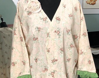 Womens Handmade cotton kimono jacket peach green flowered print cotton green vintage lace trim plus size robe Long Beach coverup