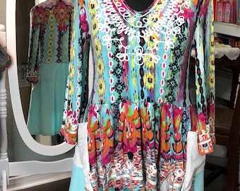 Upcycled turquoise tunic dress; plus size green orange white patterned gathered skirt