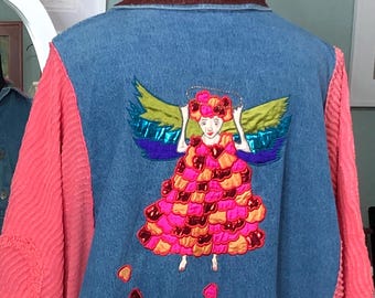 Upcycled Denim Duster Jacket: Chenille Kimono Sleeves, Pink Angel Appliqué