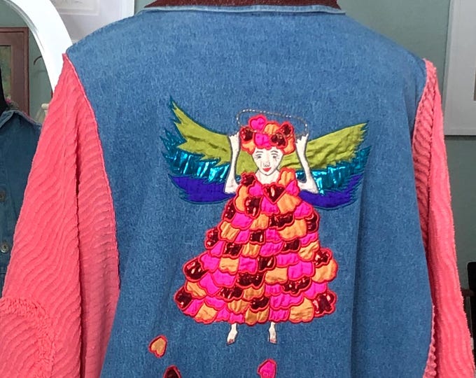 Featured listing image: Upcycled Denim Duster Jacket: Chenille Kimono Sleeves, Pink Angel Appliqué