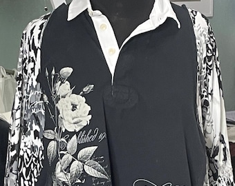 Upcycled Graphic Tee Tunic: Black with White roses and rhinestones, Henley collar, abstract print sleeves, large pockets