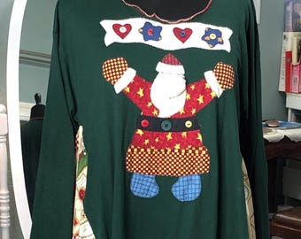 Upcycled green holiday sweatshirt: Forest green, Santa applique, Christmas wear, plus size