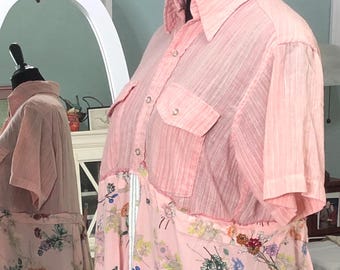 womens peach orange tunic shirt upcycled seersucker short sleeve tunic dress flowered ruffled skirt plus size summer dress button front