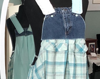Women’s plus size upcycled one of a kind denim dungaree dress aqua blue denim linen pocket apron dress upcycled denim tunic dress