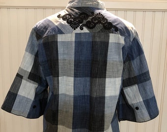 Women S blue gray black white plaid cotton up cycled shirt embroidered lace back yoke flare sleeves split hem mandarin collar light weight