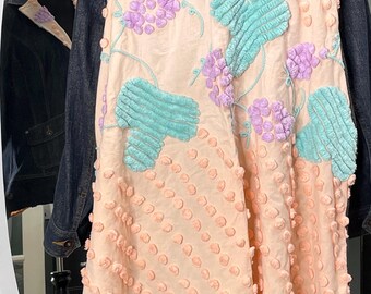 plus size denim jacket: wine theme; peach vintage chenille, kimono sleeve