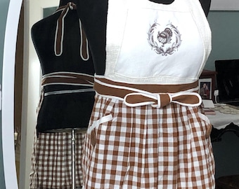 Embroidered Turkey Apron, Vintage Button Pocket, Brown Check