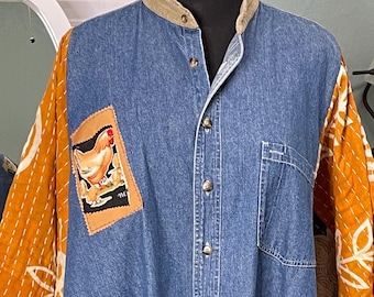 women’s dark blue denim shirt orange kantha kimono sleeved chicken kitchen appliqué plus size upcycle boho light jacket corduroy band collar