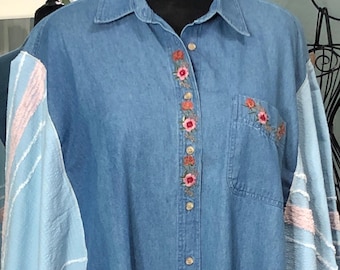 Women’s plus size denim chenille shirt blue white embroidered roses kimono sleeve vintage blue chenille upcycled long sleeve shirt