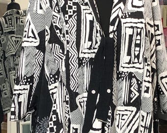 Plus Size Upcycled Jacket: Black & White Abstract Knit, Tie Front