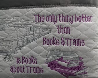 Embroidered Steam Train Book Pillow: Kids Reading Pocket, Fleece Back
