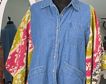 women’s blue denim shirt kantha kimono sleeved green pink orange print plus size upcycle boho light jacket large front pockets