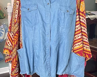 Plus Size Denim Kantha Kimono: Upcycled Boho red orange print sleeve Jacket