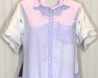 Womens purple M tunic wine take me away Cabernet back up-cycled tee pockets vintage linen embroidered angel sleeves upcycled